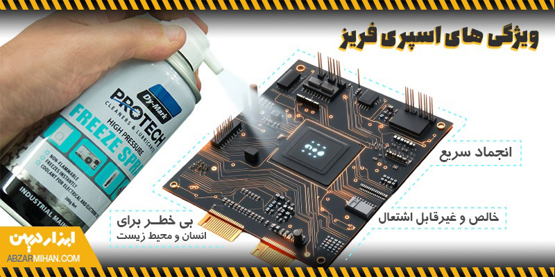 پاشش اسپری فریز روی برد الکترونیکی همراه با نمایش ویژگی های اسپری فریز
