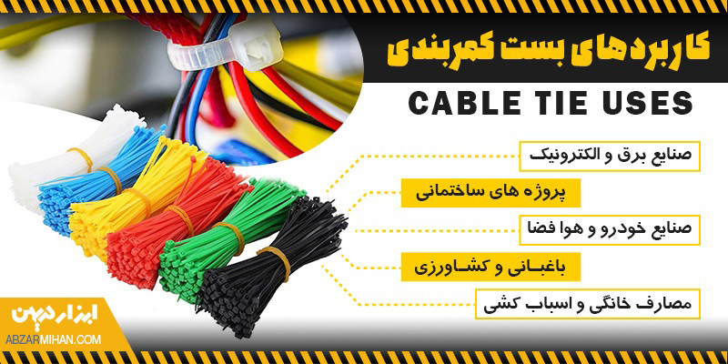 اینفوگرافی کاربردهای بست کمربندی که در صنایع مختلف، باغبانی، کشاورزی و مصارف خانگی مورد استفاده قرار می گیرد.